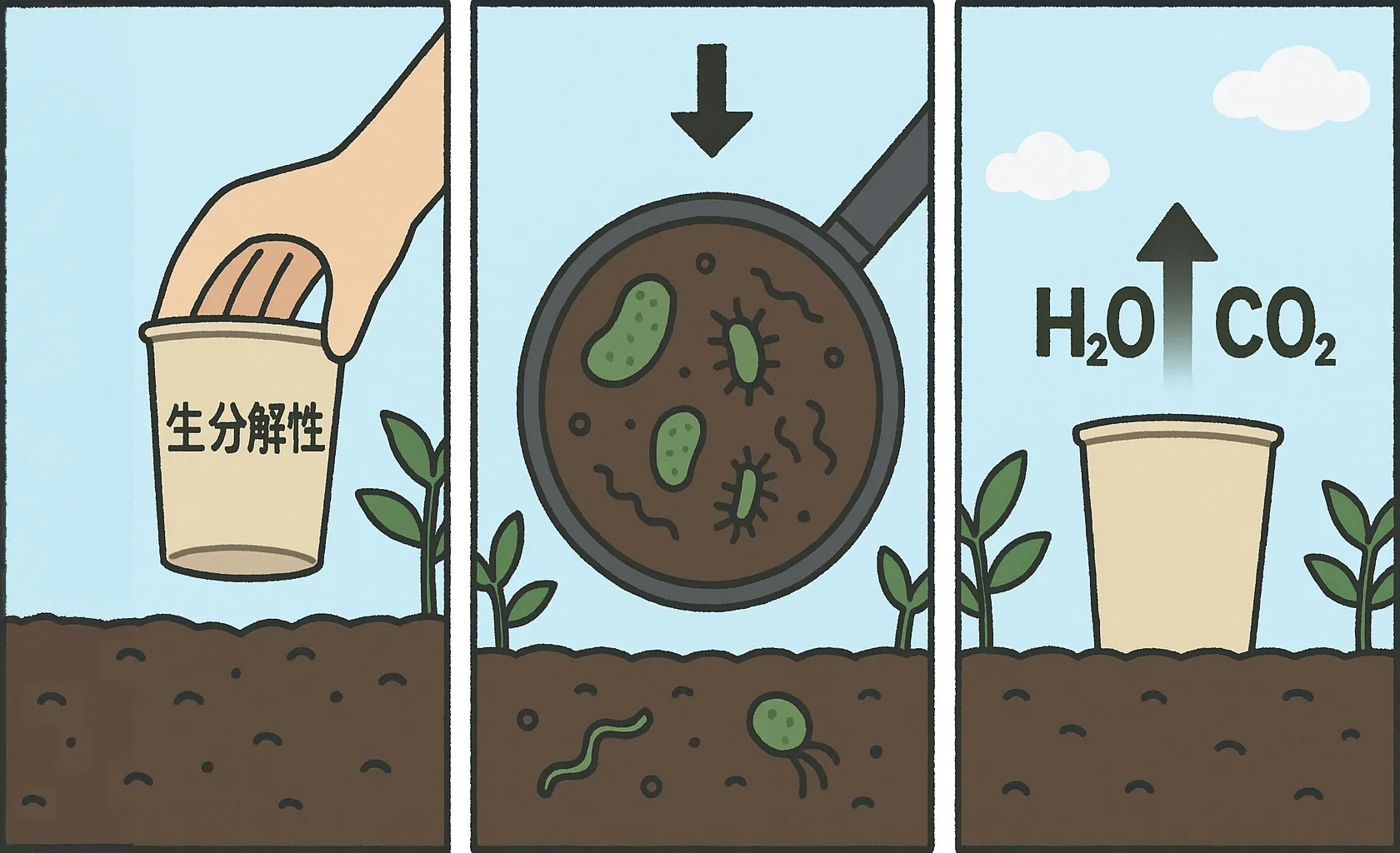 土の中の微生物が樹脂を分解して、水と二酸化炭素に分解する（＝生分解）を解説した図